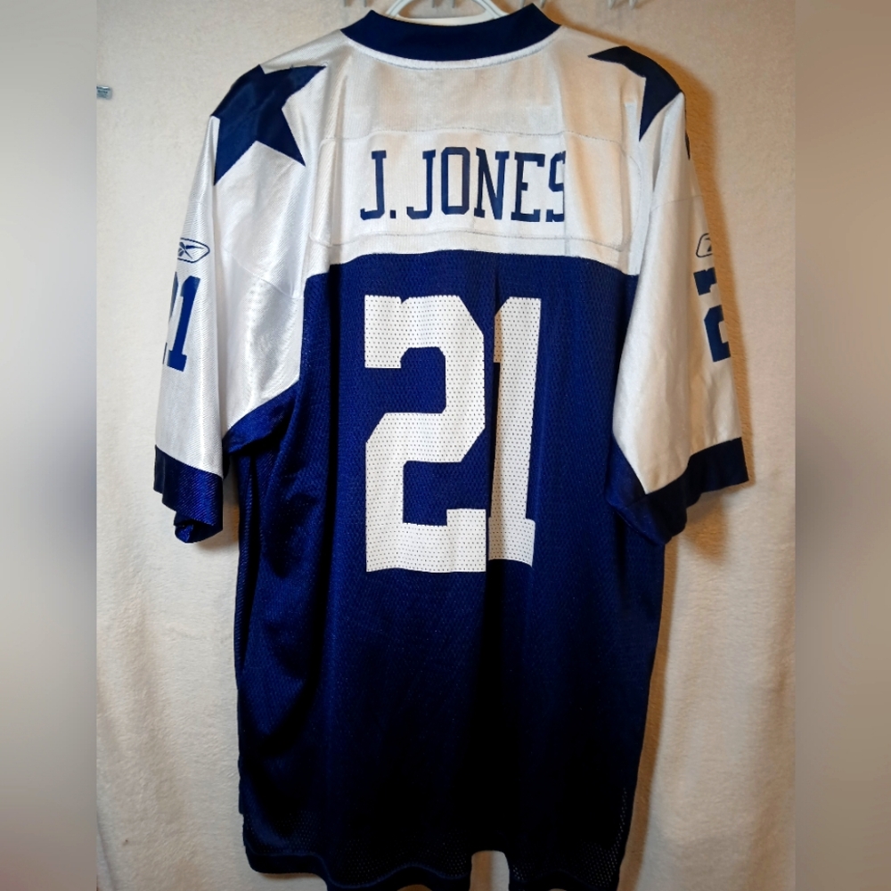 REEBOK JULIUS JONES #21 NFL DALLAS COWBOYS RETRO FOOTBALL JERSEY. BLUE-WHITE XL